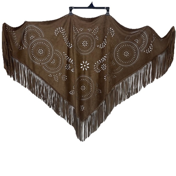 Hippy Faux Suede Brown Fringe Laser Cut Wrap Shawl Origami By Vivien Boho West - Picture 2 of 9
